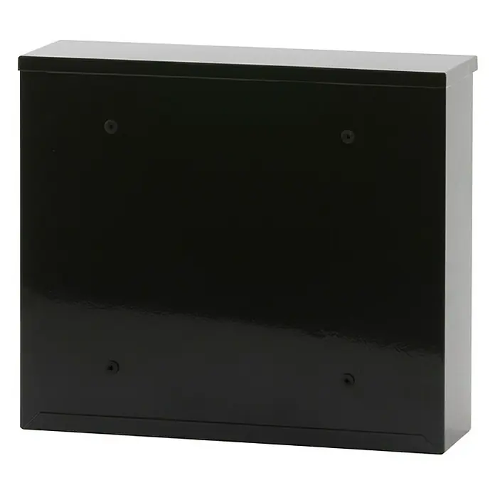 Proregal Wandbriefkasten Granadan aus Stahl mit Einwurfsklappe - Schwarz, Stahl - Eine glänzende, schwarze Briefkastenbox mit einer rechteckigen Form und vier Befestigungslöchern an der Vorderseite.