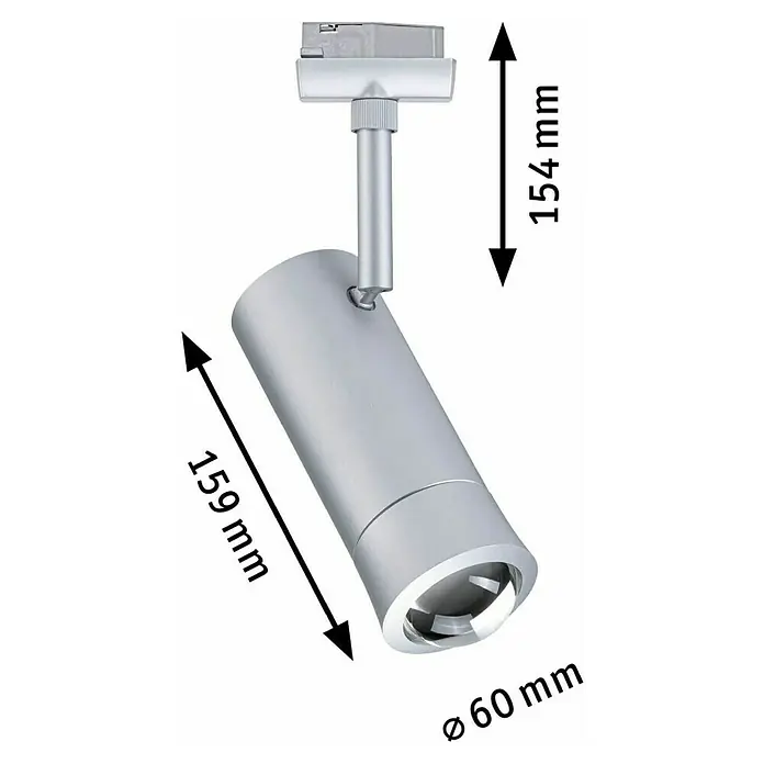 Paulmann URail LED-Spot Tarie - 5,5 W, 6 x 16,05 cm, Chrom - Das Bild zeigt einen silberfarbenen LED-Strahler mit den Maßen 159 mm Länge, 154 mm Höhe und 60 mm Durchmesser.