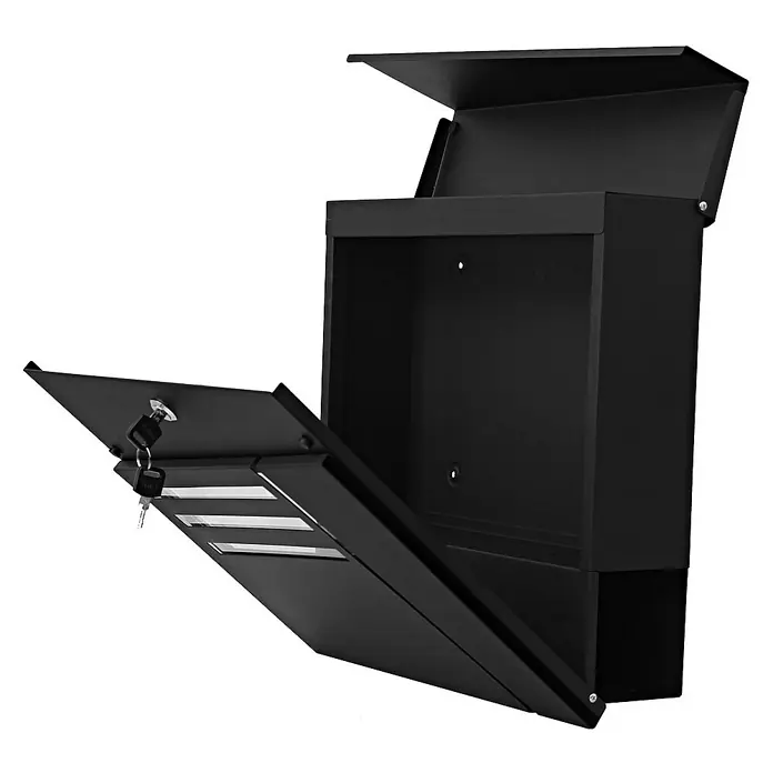 Proregal Wandbriefkasten Briefkasten - Schwarz, Metall, Zeitungsfach - Schwarzer abschließbarer Briefkasten mit geöffneten Klappen für Posteingang und -entnahme, zur sicheren Aufbewahrung.