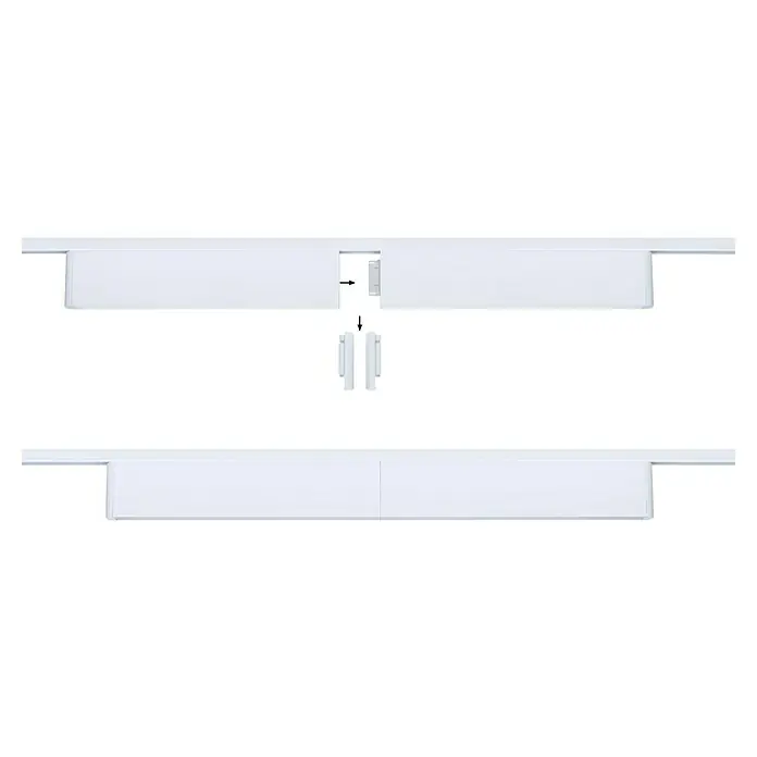 Paulmann URail LED-Lichtleiste Ceris - L x B x H: 2,3 x 37,2 x 7,4 cm, Lichtfarbe: Warmweiß, Signalweiß, 3.000 K - Aufnahme eines weißen abgehängten Deckensystems mit einem Rastermuster, das eine moderne und saubere Ästhetik zeigt.