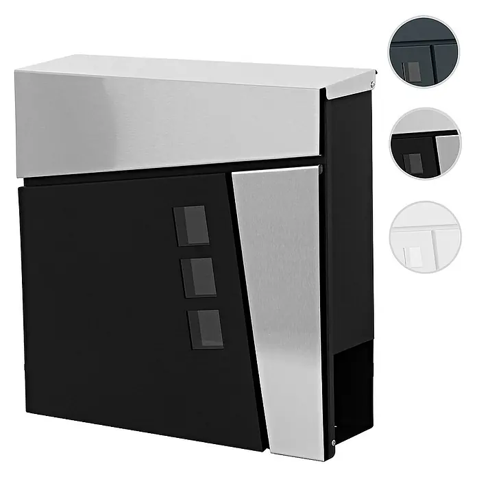 Proregal Wandbriefkasten Briefkasten - Weiß, Metall, Zeitungsfach - Bild einer modernen schwarzen und silbernen Briefbox.