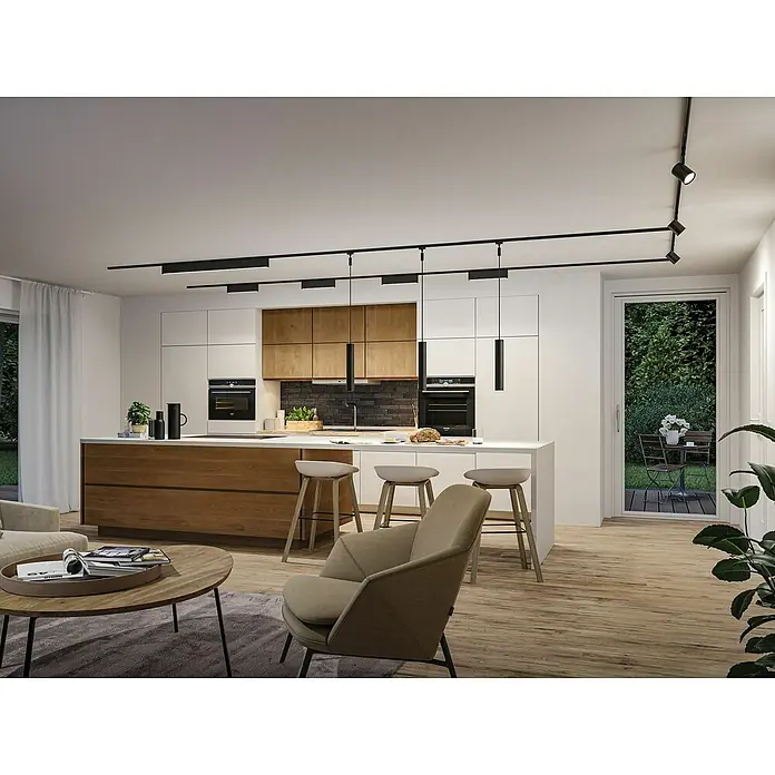 Paulmann URail LED-Lichtleiste Ceris - L x B x H: 2,3 x 37,2 x 7,4 cm, Lichtfarbe: Warmweiß, Schwarz matt, 3.000 K - Moderne Küche mit minimalistischer Beleuchtung. Die schwarzen Schienenstrahler setzen elegante Akzente und sorgen für optimales Licht.