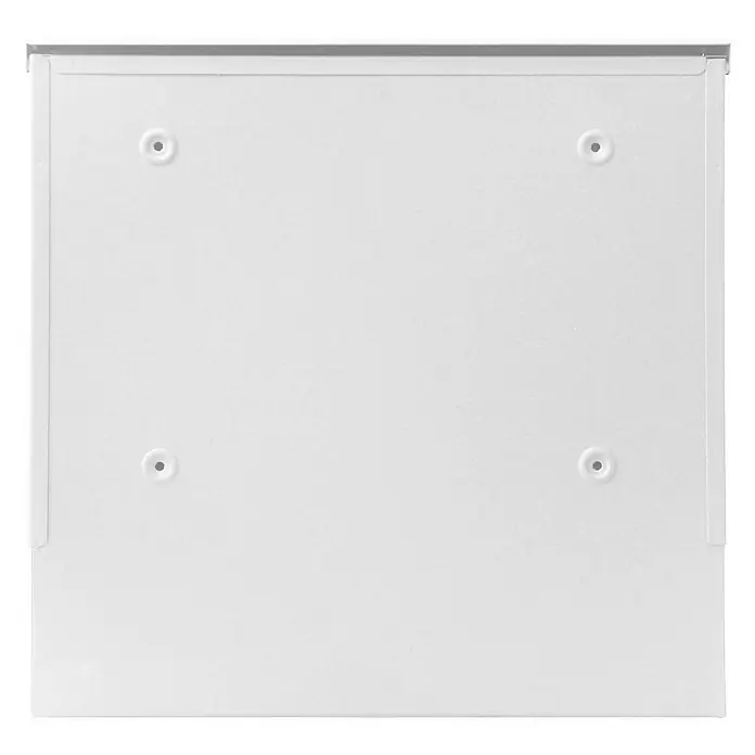 Proregal Wandbriefkasten Briefkasten - Weiß, Metall, Zeitungsfach - Nahaufnahme einer weißen Tür mit vier eingelassenen Schraubenlöchern. Die Tür ist schlicht und modern gestaltet.