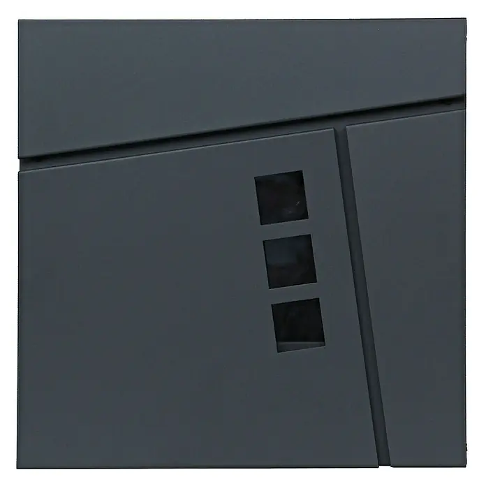 Proregal Wandbriefkasten Briefkasten - Anthrazit, Metall, Zeitungsfach - Eine moderne, graue Metall-Briefkastenanlage mit drei quadratischen Sichtfenstern in einer Linie. Sie präsentiert sich schlicht und funktional.