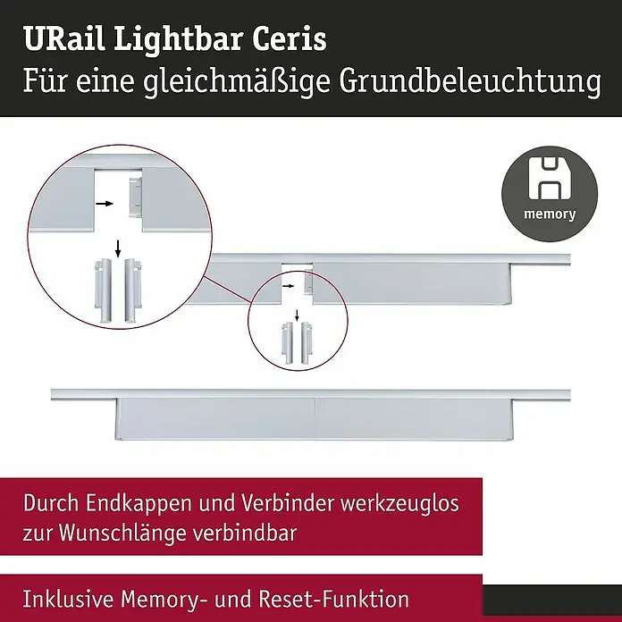 Paulmann URail LED-Lichtleiste Ceris - L x B x H: 2,3 x 37,2 x 7,4 cm, Lichtfarbe: Warmweiß, Chrom matt, 3.000 K - Abbildung einer URail Lightbar Ceris, die eine gleichmäßige Grundbeleuchtung bietet. Werkzeuglose Verbindung durch Endkappen zur individuellen Längenanpassung.