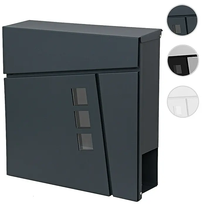 Proregal Wandbriefkasten Briefkasten - Anthrazit, Metall, Zeitungsfach - Moderne anthrazitfarbene Briefkasten mit minimalistischem Design und drei quadratischen Fenstern.