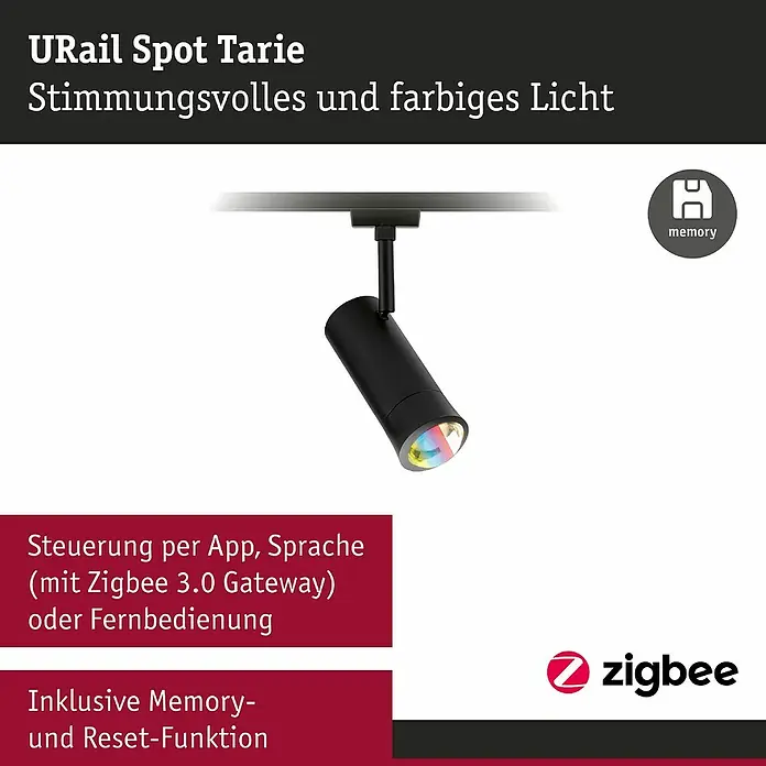 Paulmann URail LED-Spot Tarie - 5,5 W, 6 x 16,05 cm, Schwarz - Das Bild zeigt einen schwarzen URail Spot Tarie Strahler mit stimmungsvollem, farbigem Licht. Er ist per App, Sprache oder Fernbedienung steuerbar.
