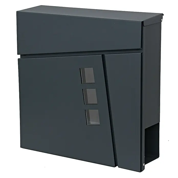 Proregal Wandbriefkasten Briefkasten - Anthrazit, Metall, Zeitungsfach - Elegante anthrazitfarbene Design-Briefkasten mit drei Sichtfenstern für moderne Häuser. Der Briefkasten ist robust und wetterfest.