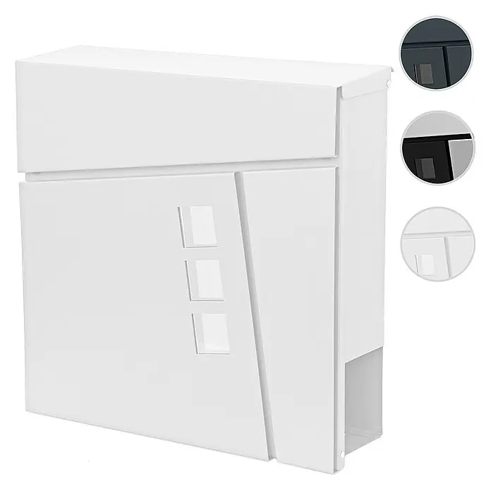 Proregal Wandbriefkasten Briefkasten - Weiß, Metall, Zeitungsfach - Ein moderner, weißer Briefkasten mit einem schlichten, kantigen Design und kleinen, quadratischen Fenstern. Er bietet einen sicheren Platz für Ihre Post.