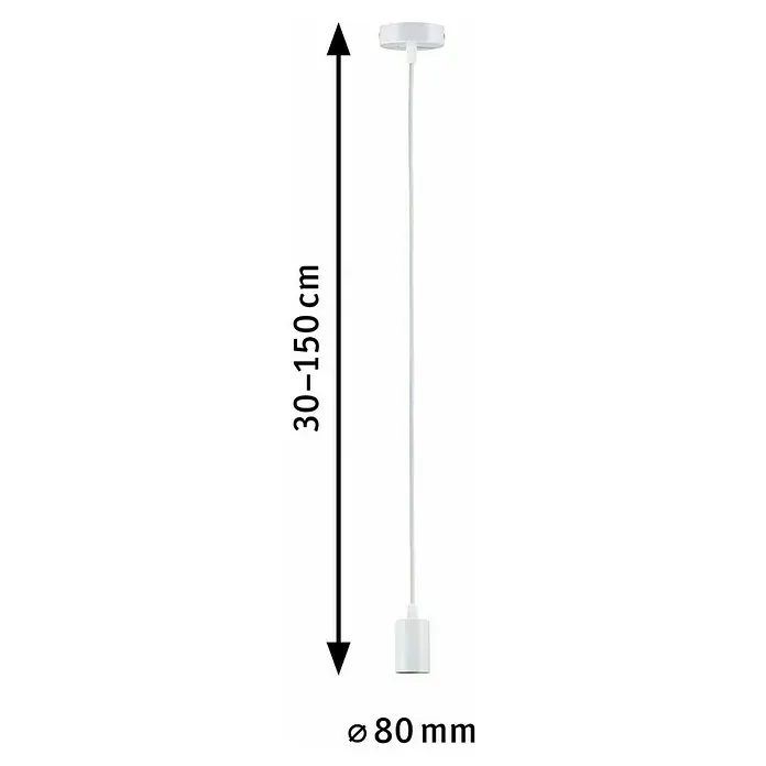 Paulmann Pendelleuchte Ravi - 60 W, Ø x L: 8 x 150 cm, Weiß, E27 - Hängeleuchte mit weißem Kabel und einer Länge von 30-150 cm, ideal für moderne Innenräume. Der Durchmesser beträgt 80 mm.