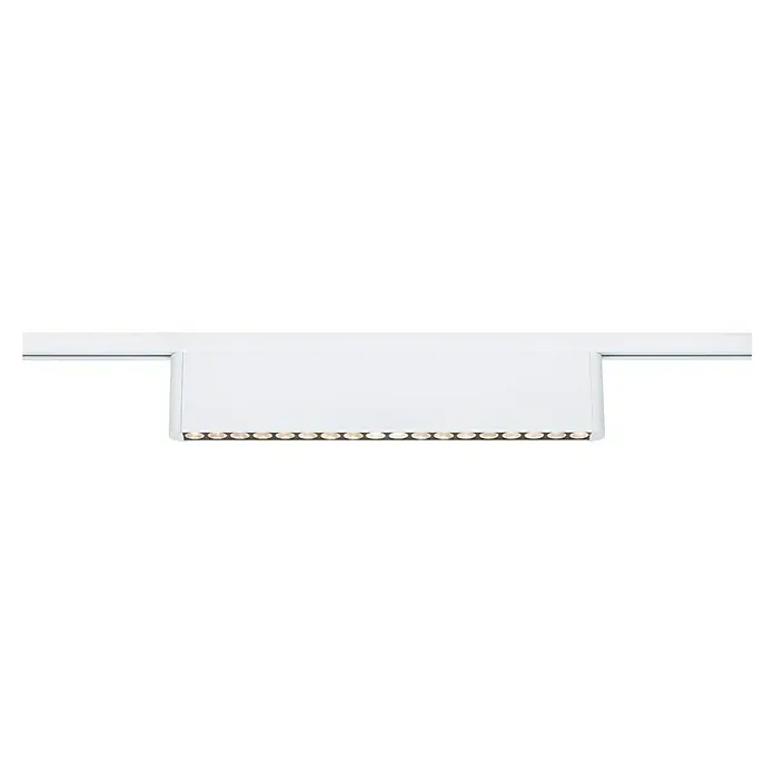Paulmann URail Lámpara fluorescente LED Zelos - L x An x Al: 2,3 x 37,2 x 7,4 cm, Color de luz: Blanco cálido, Blanco - Una lámpara LED blanca fijada a un riel, mostrando un diseño moderno y minimalista. La luz emitida es brillante y clara.