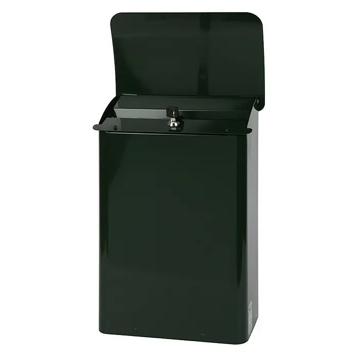 Proregal Wandbriefkasten feuergeprüft aus Metall - L x B x H: 18 x 29 x 42,5 cm, Grün, Metall - Dunkelgrüner Briefkasten mit geöffnetem Deckel und Schloss für sichere Postzustellung.