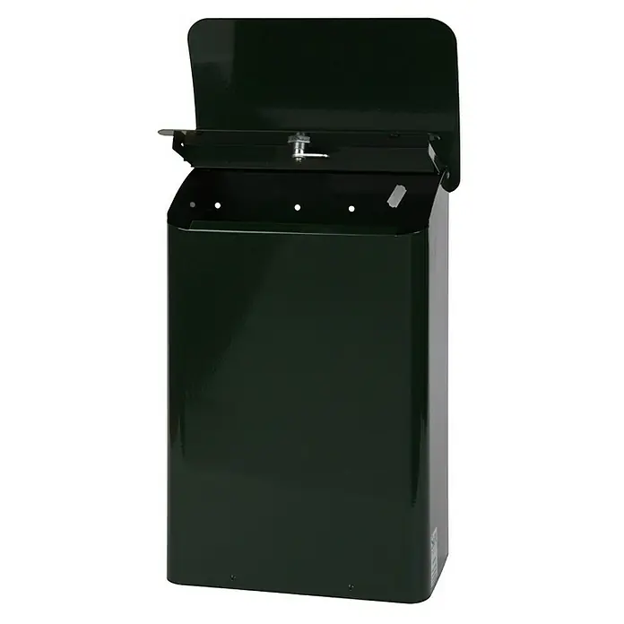 Proregal Wandbriefkasten feuergeprüft aus Metall - L x B x H: 18 x 29 x 42,5 cm, Grün, Metall - Dunkelgrüner Briefkasten mit geöffnetem Deckel, ideal für den Empfang von Post und kleinen Paketen. Robuste Bauweise für den Außenbereich.