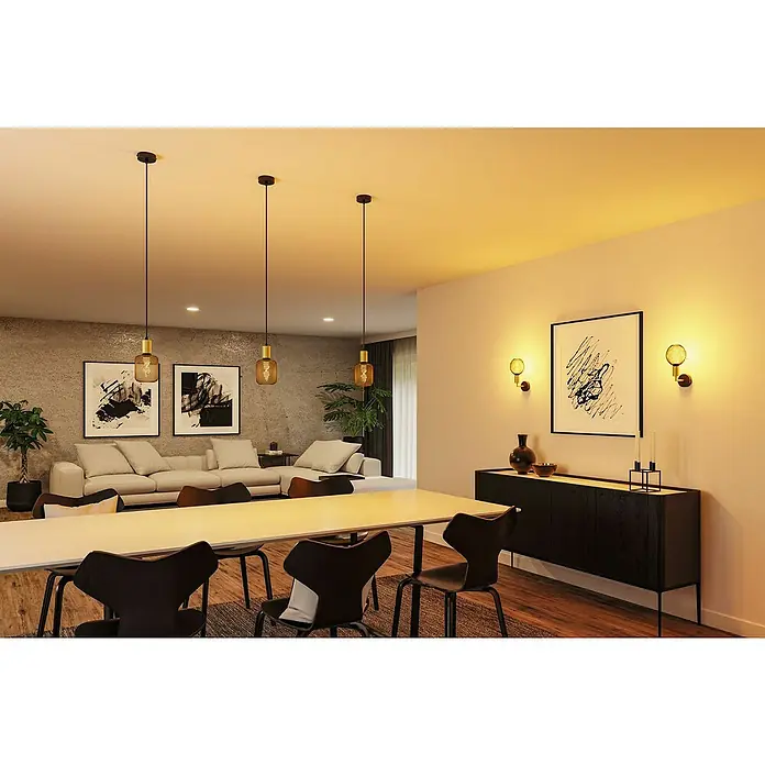 Paulmann Pendelleuchte Ravi - 60 W, Ø x L: 8 x 150 cm, Schwarz/ Gold, E27 - Elegante Pendelleuchten mit goldfarbenen Akzenten über einem Esstisch, die dem Raum einen warmen Glanz verleihen. Stilvolle Wandleuchten ergänzen das Ambiente.