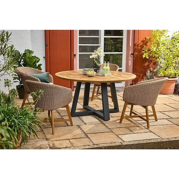 Sunfun Pauline Gartenmöbel-Set - 6 -tlg., Aluminium, Teak, Akazie, Polyrattan, Hellbraun/Anthrazit - Gartengarnitur mit rundem Holztisch und Korbstühlen auf einer Terrasse. Perfekt für entspannte Stunden im Freien.