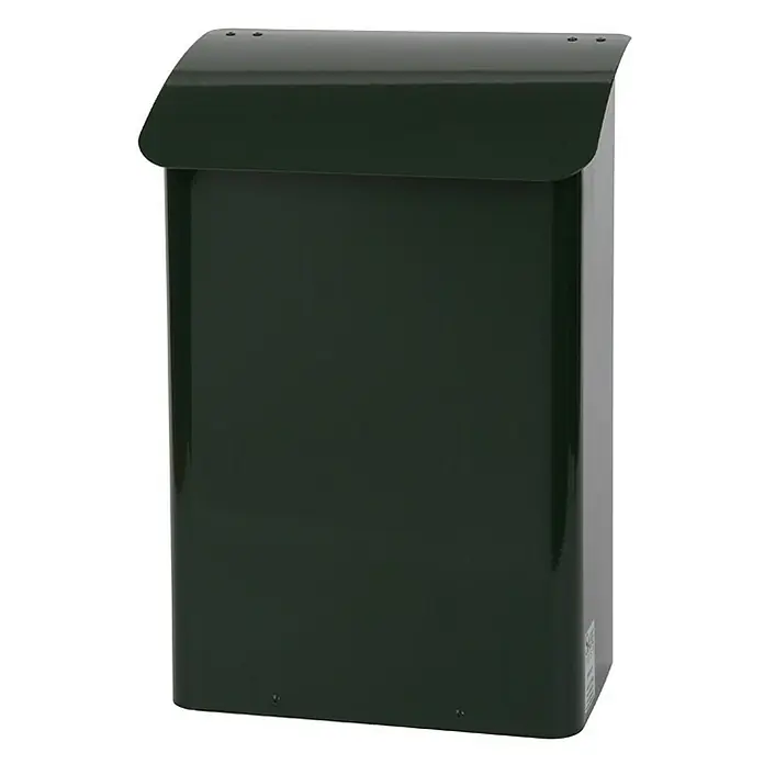 Proregal Wandbriefkasten feuergeprüft aus Metall - L x B x H: 18 x 29 x 42,5 cm, Grün, Metall - Nahaufnahme eines dunkelgrünen Briefkastens mit abgerundetem Dach, der eine sichere und stilvolle Möglichkeit zur Postaufbewahrung bietet.