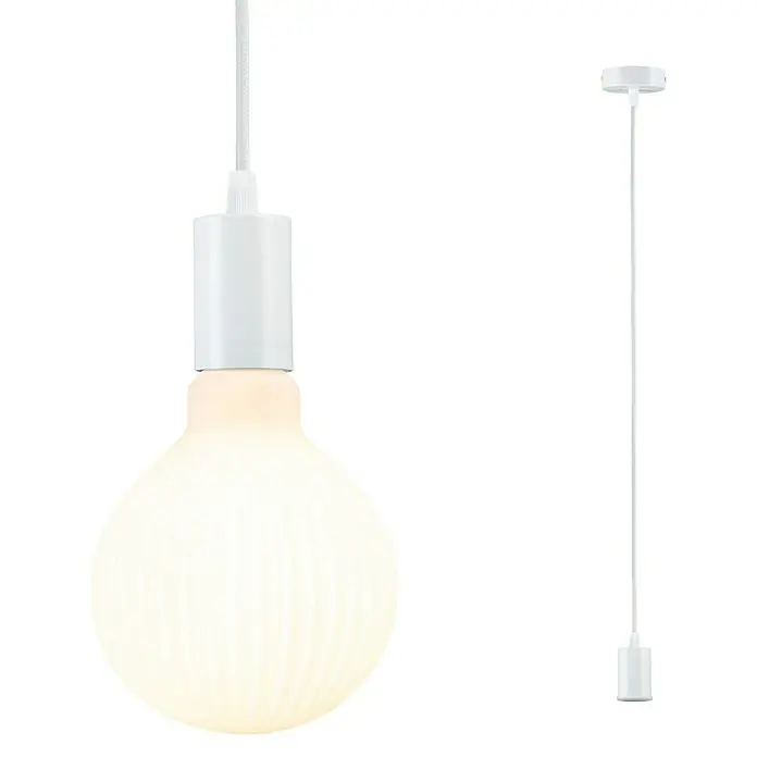 Paulmann Pendelleuchte Ravi - 60 W, Ø x L: 8 x 150 cm, Weiß, E27 - Hängeleuchte mit einer hellen, kugelförmigen Lampe und einer weißen Fassung. Das Design ist minimalistisch und modern.