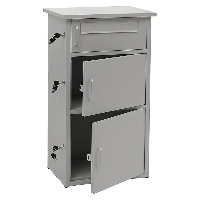 Proregal Standbriefkasten Paketkasten mit 3 Fächern - Grau, Stahl, Paketfach - Dieser graue Briefkasten mit Schlüsseln bietet sichere Aufbewahrung für Ihre Post und Dokumente. Robust und stilvoll!