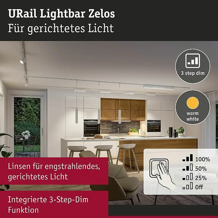 Paulmann URail LED-Lichtleiste Zelos - L x B x H: 2,3 x 37,2 x 7,4 cm, Lichtfarbe: Warmweiß, Signalweiß - URail Lightbar Zelos für gerichtetes Licht, mit 3-Stufen-Dimmer und warmweißem Licht, ideal für Akzentbeleuchtung in modernen Räumen.
