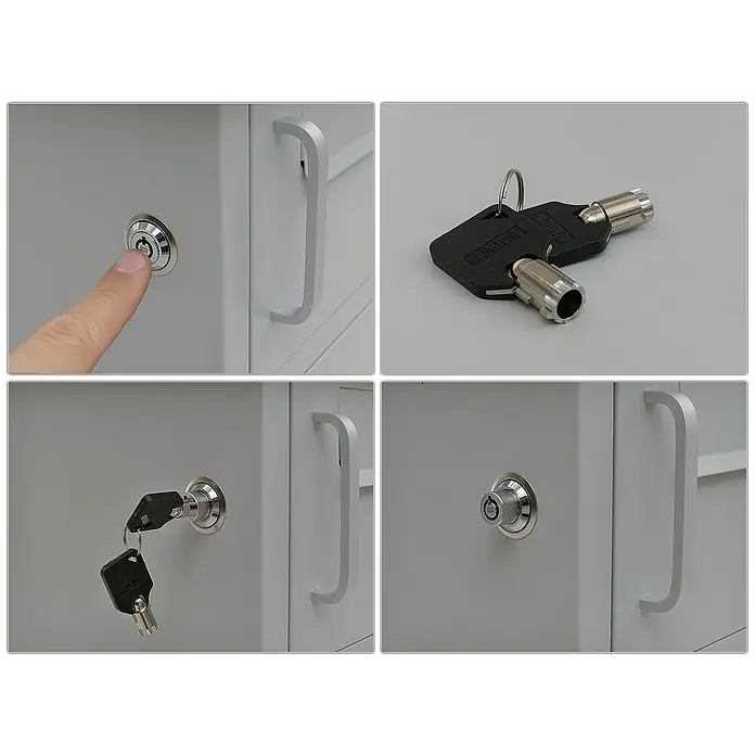 Proregal Standbriefkasten Paketkasten mit 3 Fächern - Grau, Stahl, Paketfach - Verschiedene Ansichten eines grauen Aktenschranks mit Schlüsselschloss und Griffen, die die Funktionalität und das Design hervorheben.