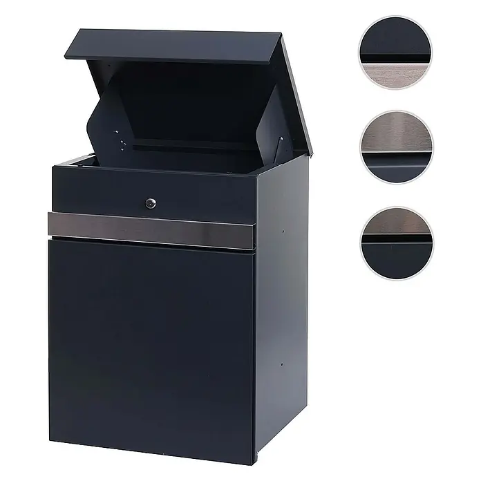 Proregal Standbriefkasten Paketkasten - Anthrazit-Holz, Metall, Paketfach - Bild eines geöffneten, dunkelblauen Paketbriefkastens mit silbernem Detail.