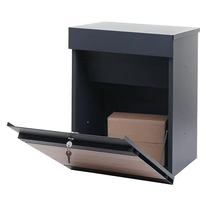 Proregal Standbriefkasten Paketkasten - Anthrazit-Holz, Metall, Paketfach - Eine graue, abschließbare Paketbox mit einer Holztür und Paketen im Inneren, ideal für die sichere Aufbewahrung von Sendungen.