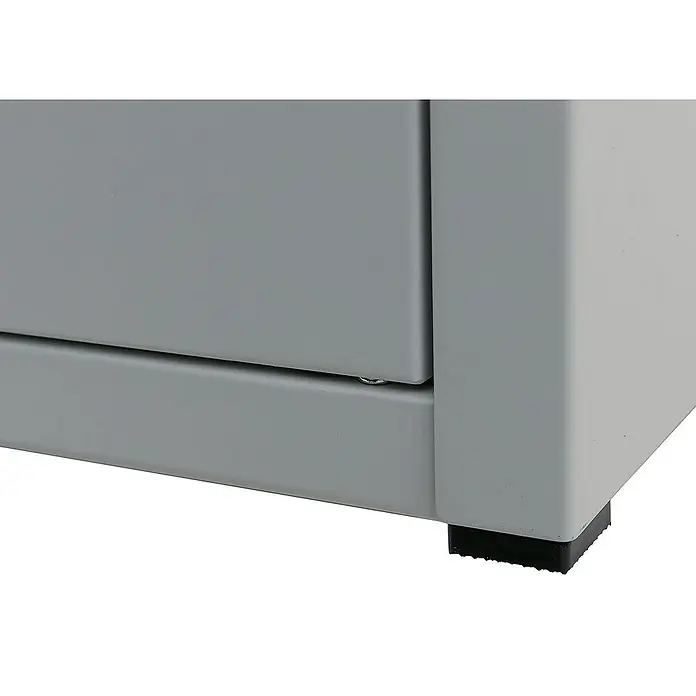 Proregal Standbriefkasten Paketkasten mit 2 Fächern - Grau, Stahl, Paketfach - Detailansicht eines grauen Büroschranks, der Stabilität und Funktionalität durch sein robustes Design und die diskreten Füße bietet.