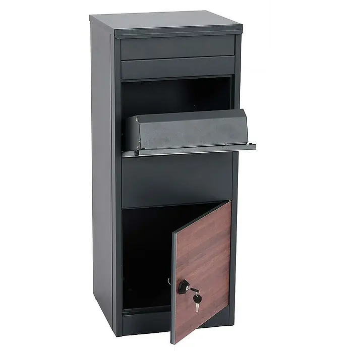 Proregal Standbriefkasten Paketkasten - Anthrazit, Metall, Paketfach - Freistehender Briefkasten mit Holztür und Einwurfklappe, ideal für den Außenbereich, um Post sicher und stilvoll zu empfangen.