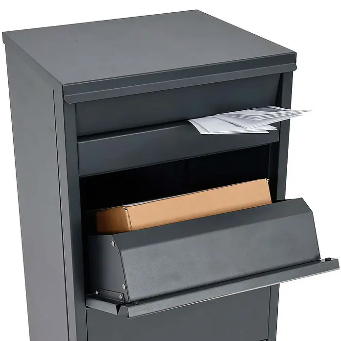 Proregal Standbriefkasten Paketkasten - Anthrazit, Metall, Paketfach - Die graue Paketbox mit Briefschlitz und Entnahmebox ist ideal zur sicheren Aufbewahrung von Post und Paketen.