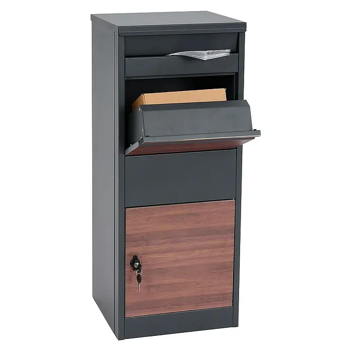Proregal Standbriefkasten Paketkasten - Anthrazit, Metall, Paketfach - Moderner Paketbriefkasten in Anthrazit und Holzoptik. Praktisch für Post und Pakete, mit abschließbarem Fach.