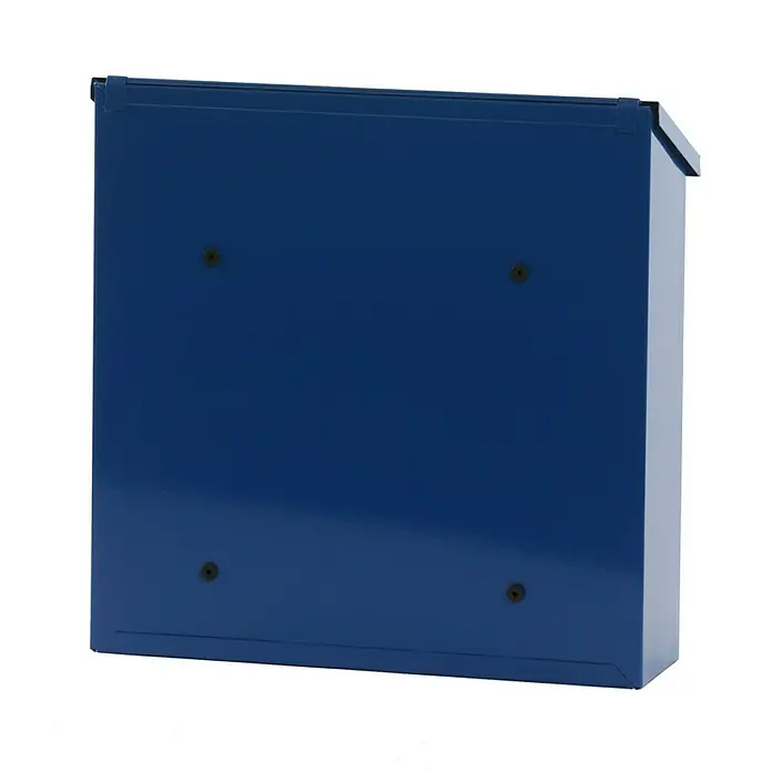 Proregal Wandbriefkasten Malagan mit Zylinderschloss - Blau, Metall - Nahaufnahme eines blauen Briefkastens mit Befestigungslöchern für die Wandmontage, ideal für den Empfang von Post.