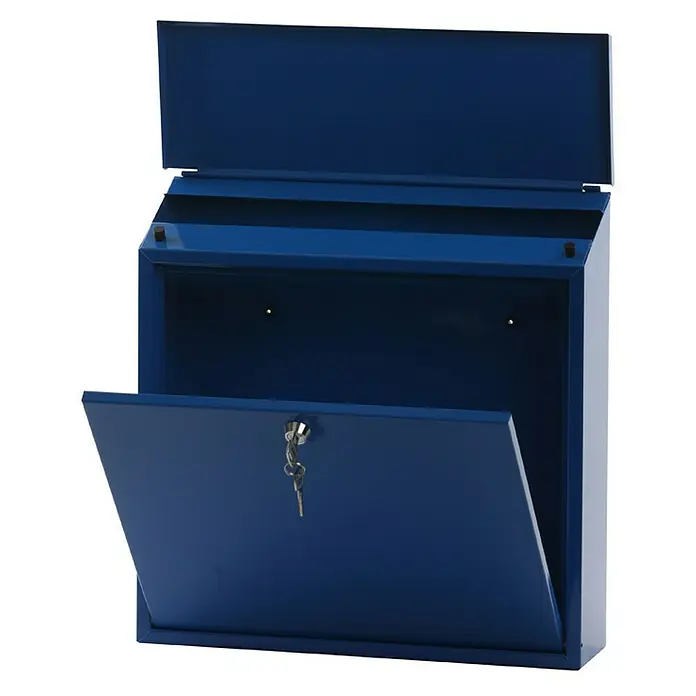 Proregal Wandbriefkasten Malagan mit Zylinderschloss - Blau, Metall - Abgebildeter blauer Briefkasten mit offenem Deckel und Schlüssel, ideal für den sicheren Empfang Ihrer Post.