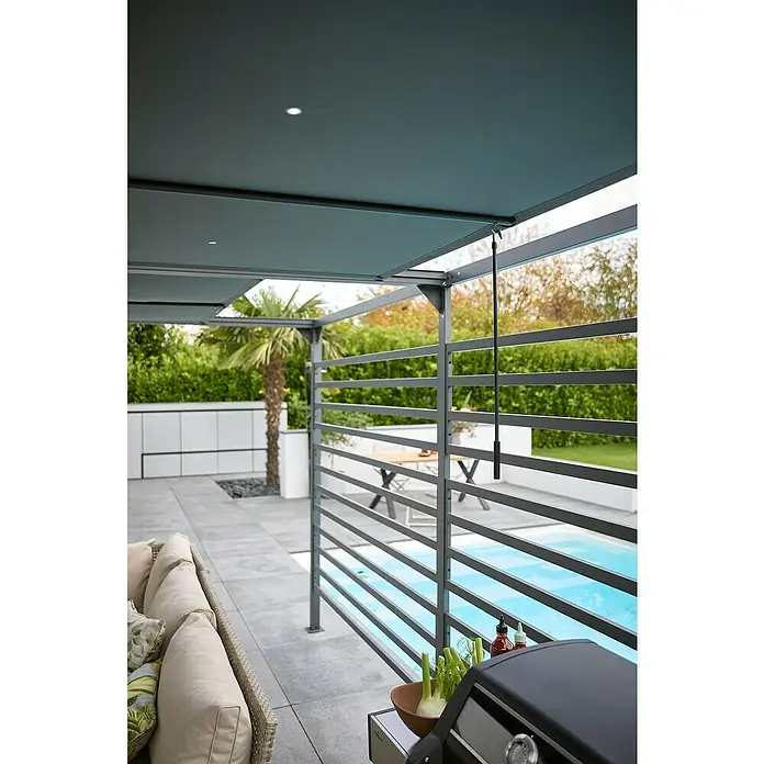 Raffpavillon - B x T: 400 x 300 cm, Farbe Gestell: Schwarz, Farbe Dach: Grau - Überdachte Terrasse mit Grill und Sitzbereich neben dem Pool, ideal für entspannte Stunden im Freien. Die Überdachung spendet Schatten.