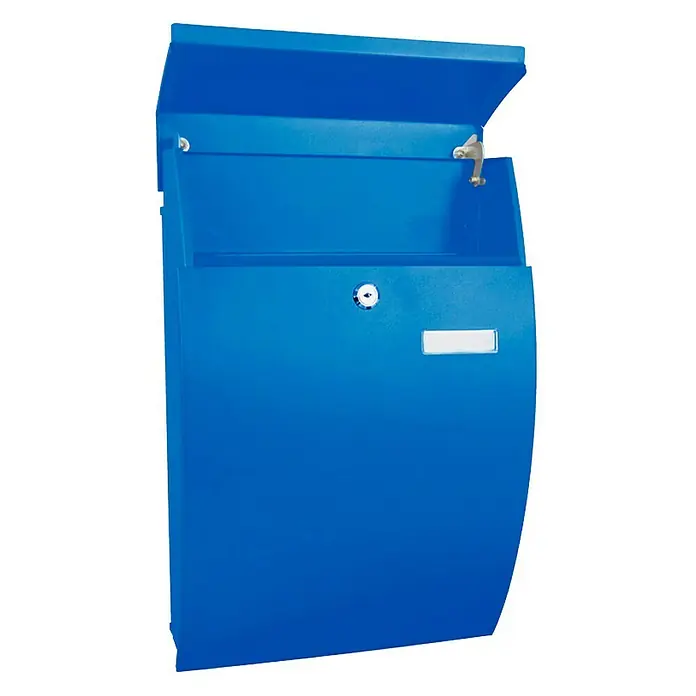 Proregal Wandbriefkasten Geronan mit Namensschild - Blau, Metall, Namensschild - Das blaue Briefkastendesign zeichnet sich durch eine Klappe oben, ein Schlüsselloch und ein Namensschild aus. Der Briefkasten ist ein Hingucker.