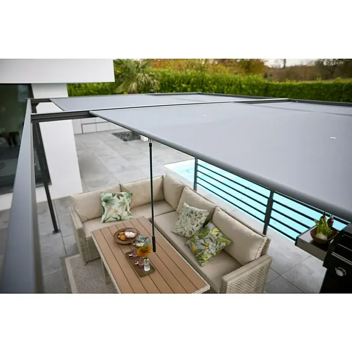 Raffpavillon - B x T: 400 x 300 cm, Farbe Gestell: Schwarz, Farbe Dach: Grau - Moderne Terrassenüberdachung mit grauen Rollläden, die Schatten spenden und einen stilvollen Außenbereich schaffen, ideal für Entspannung.