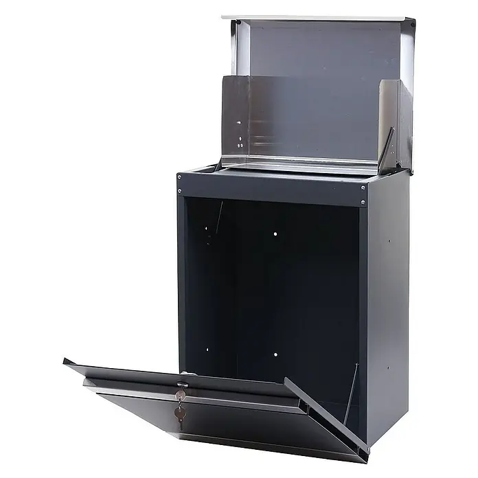 Proregal Standbriefkasten Paketkasten - Edelstahl, Metall, Paketfach - Ein grauer, abschließbarer Paketkasten mit geöffneter Klappe und offenem oberen Fach. Ideal zur sicheren Aufbewahrung von Lieferungen.