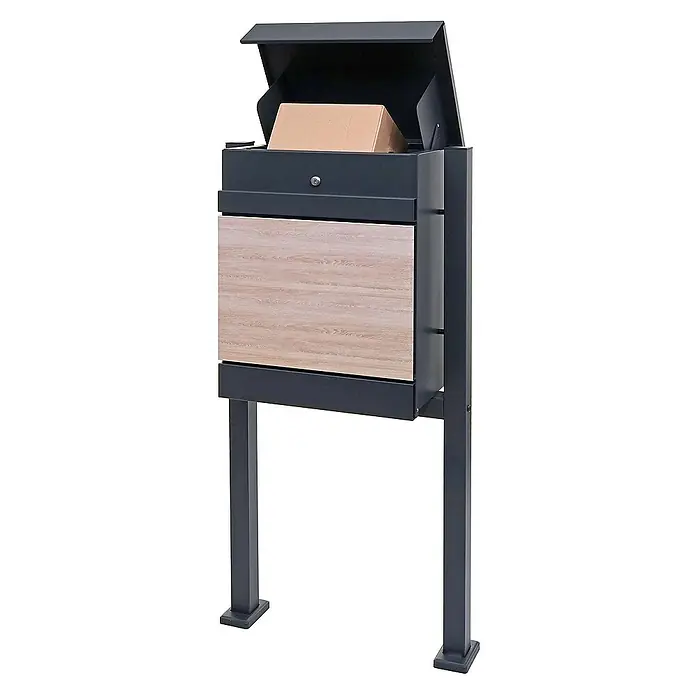 Proregal Standbriefkasten Paketkasten mit Standfuß - L x B x H: 36 x 59 x 120 cm, Anthrazit-Holz, Metall, Paketfach - Das Bild zeigt einen modernen Paketbriefkasten mit Holzverkleidung und einem offenen Fach für Pakete.
