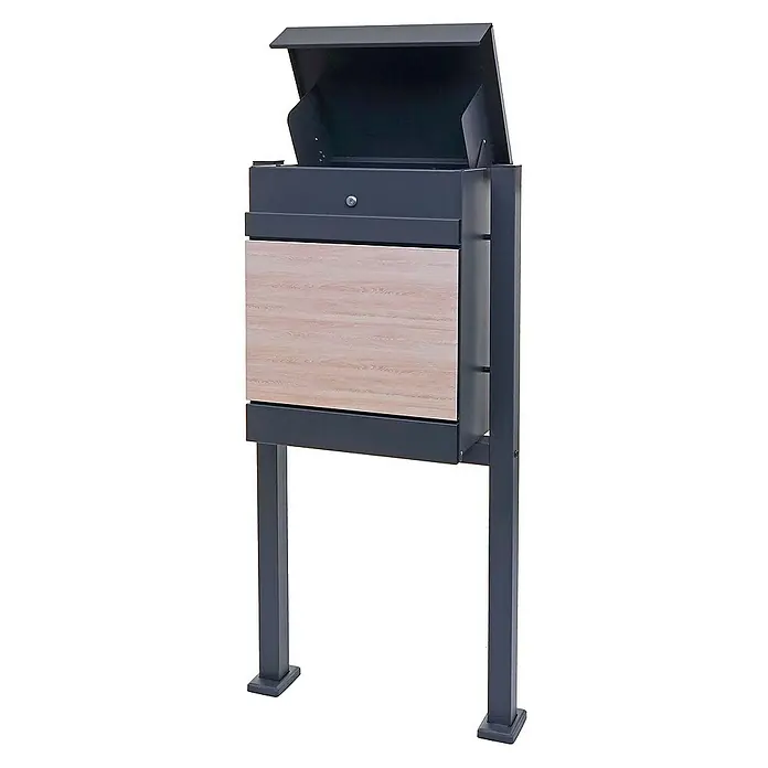 Proregal Standbriefkasten Paketkasten mit Standfuß - L x B x H: 36 x 59 x 120 cm, Anthrazit-Holz, Metall, Paketfach - Moderner Briefkasten mit Holzfront und geöffnetem Deckel, der Stil und Funktionalität vereint. Ideal für den Eingangsbereich.