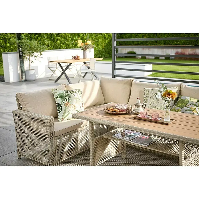 Loungemöbel-Set - 3 -tlg., Polyrattan, Stahl, Beige/Grau - Einladende Outdoor-Lounge-Gruppe mit Rattansofa und passendem Tisch, perfekt für entspannte Stunden im Garten oder auf der Terrasse.