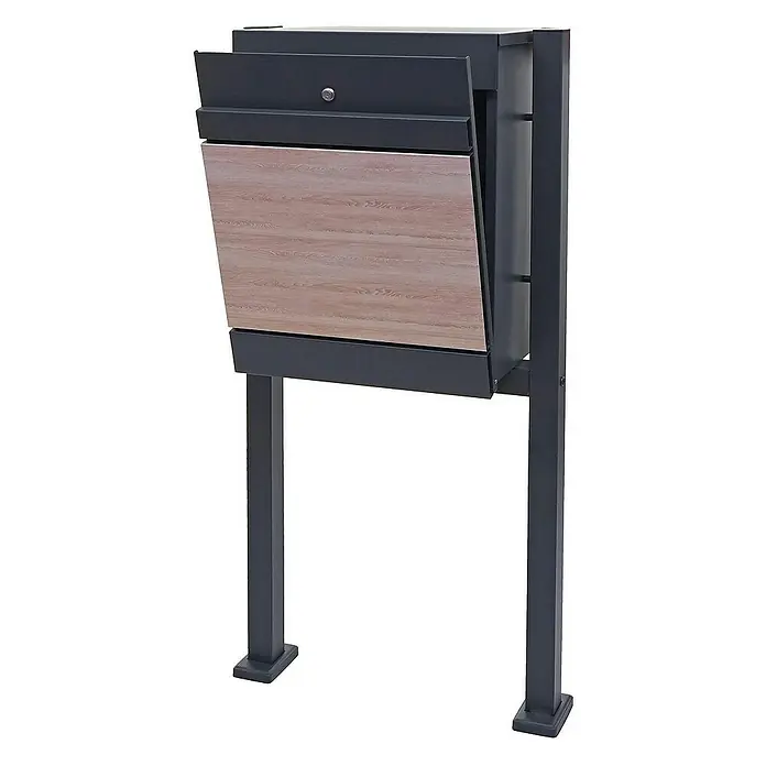 Proregal Standbriefkasten Paketkasten mit Standfuß - L x B x H: 36 x 59 x 120 cm, Anthrazit-Holz, Metall, Paketfach - Bild einer modernen Briefkastenanlage mit Holzoptik-Klappe, montiert auf zwei stabilen Säulen. Elegantes Design für den Eingangsbereich.