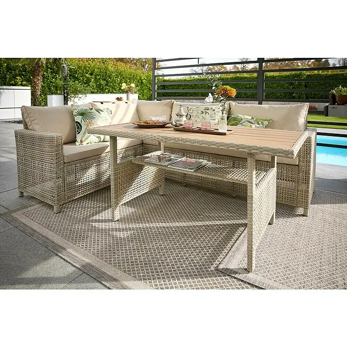 Loungemöbel-Set - 3 -tlg., Polyrattan, Stahl, Beige/Grau - Ein Outdoor-Esstisch-Set mit Rattan-Optik und bequemen Sitzkissen lädt zum Verweilen im Garten oder auf der Terrasse ein.