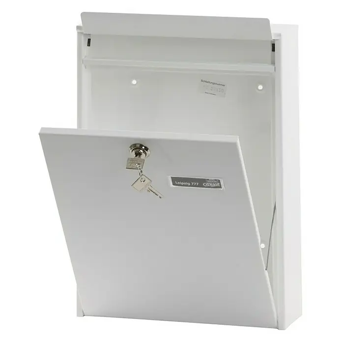 Proregal Wandbriefkasten mit Tür an der Vorderseite - Weiß, Metall - Geöffnete weiße Briefkasten mit Schlüssel, Modell Leipzig 777 Cityline, zur Wandmontage für den Außenbereich.