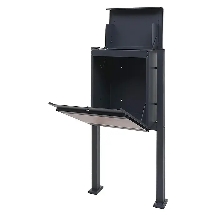 Proregal Standbriefkasten Paketkasten mit Standfuß - L x B x H: 36 x 59 x 120 cm, Anthrazit-Holz, Metall, Paketfach - Hier ist ein grauer Briefkasten mit offenem Fach und hochgeklappter oberer Klappe, ideal für sichere Postzustellung.