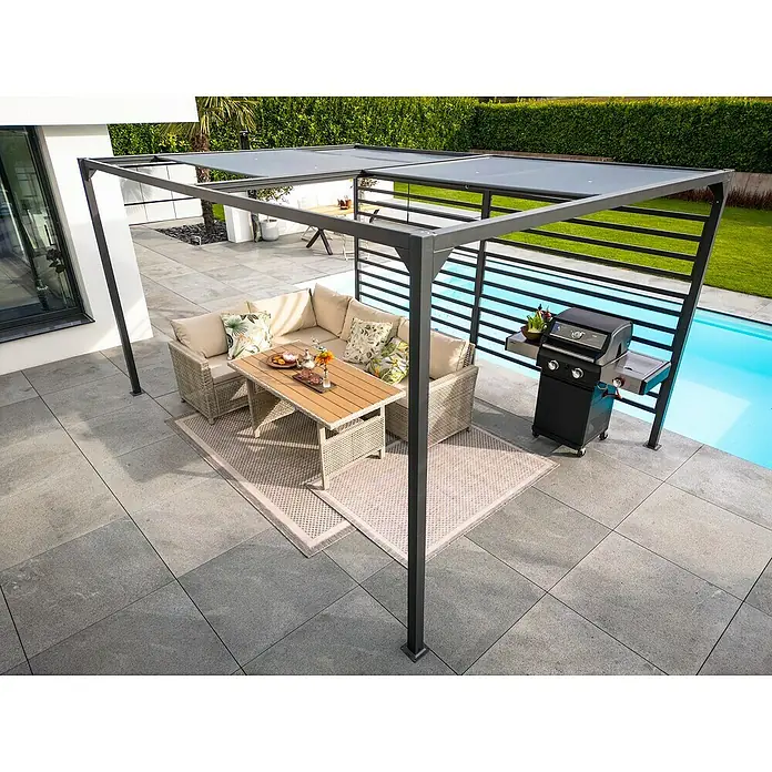 Raffpavillon - B x T: 400 x 300 cm, Farbe Gestell: Schwarz, Farbe Dach: Grau - Eine moderne Terrassenüberdachung mit stilvollem Möbel-Set und Grill, perfekt für entspannte Stunden im Freien.