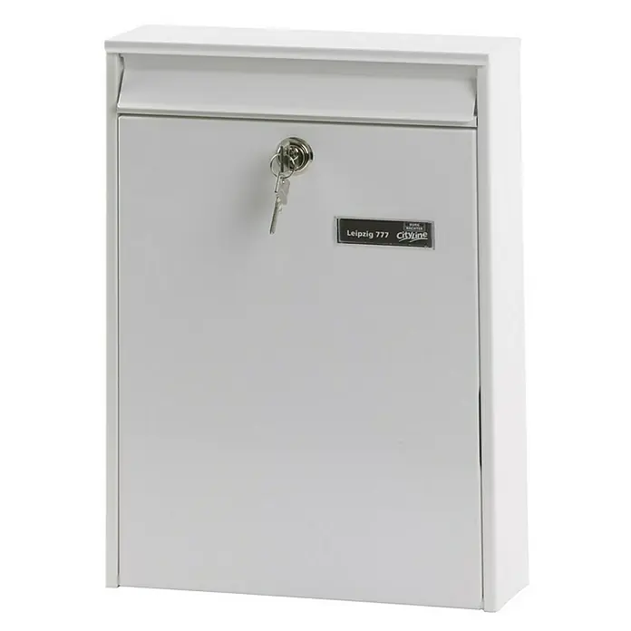 Proregal Wandbriefkasten mit Tür an der Vorderseite - Weiß, Metall - Weißer Briefkasten "Leipzig 777 CityLine" mit Schlüssel im Schloss, ideal für den sicheren Empfang Ihrer Post und Werbung.