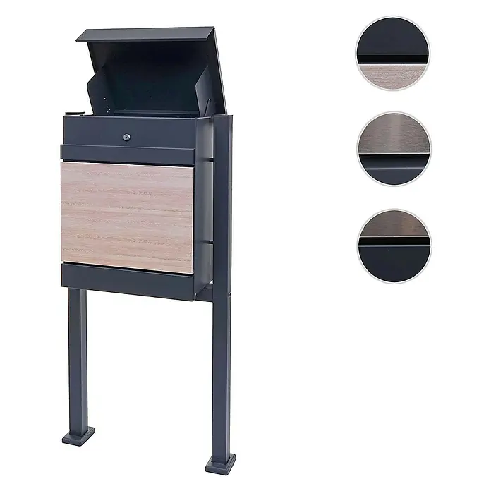 Proregal Standbriefkasten Paketkasten mit Standfuß - L x B x H: 36 x 59 x 120 cm, Anthrazit-Holz, Metall, Paketfach - Elegantes Briefkastensystem mit aufklappbarer Klappe, Holzfront und stabilen Standfüßen. Ideal für den Eingangsbereich.