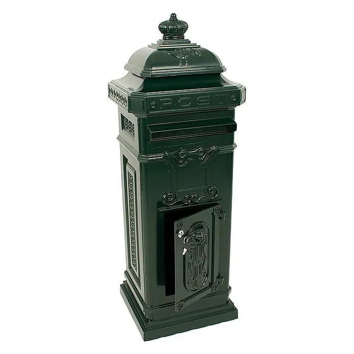 Proregal Standbriefkasten aus Gießaluminium - L x B x H: 36,5 x 33 x 110 cm, Grün, Metall - Elegante grüne Briefkasten-Säule mit detailreichen Verzierungen und einem Schloss, ideal für stilvolle Hauseingänge.