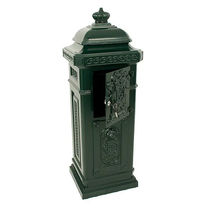 Proregal Standbriefkasten aus Gießaluminium - L x B x H: 36,5 x 33 x 110 cm, Grün, Metall - Elegantes Briefkastenmodell in Grün mit Krone, kunstvollen Details und einer offenen Tür, das Stil und Sicherheit vereint.