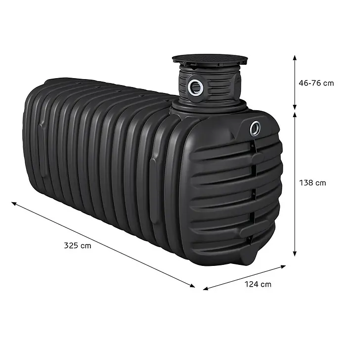 Zisterne Erdtank Primus 4200 L mit Profi-Abdeckung - Gesamt Fassungsvermögen: 4.200 l, 1 Stk., Schwarz - Abbildung eines schwarzen unterirdischen Regenwassertanks mit seinen Abmessungen.