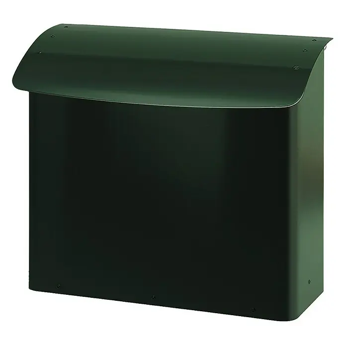 Proregal Wandbriefkasten feuergeprüft aus Metall - L x B x H: 16 x 41,5 x 42 cm, Grün, Metall - Ein dunkelgrüner Briefkasten mit abgerundetem Deckel, ideal für den Außenbereich und sichere Postzustellung.
